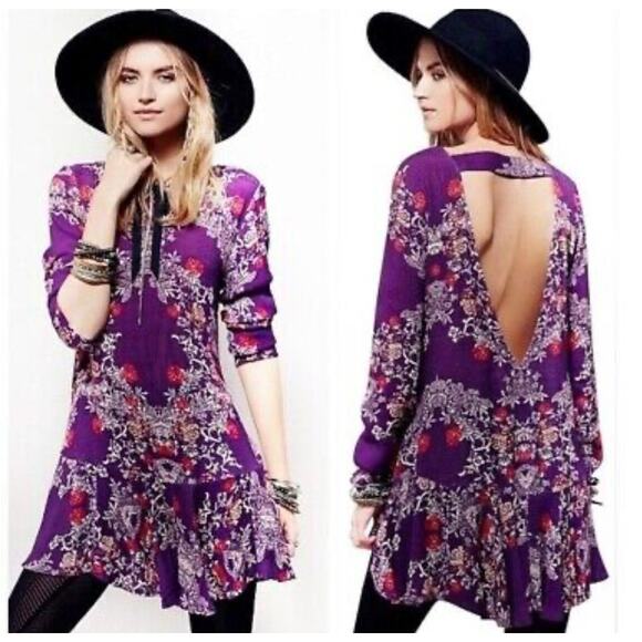 Free People Smooth‎ Talker Boho Floral Open Back Tunic Dress Pockets Size Small - Picture 1 of 10